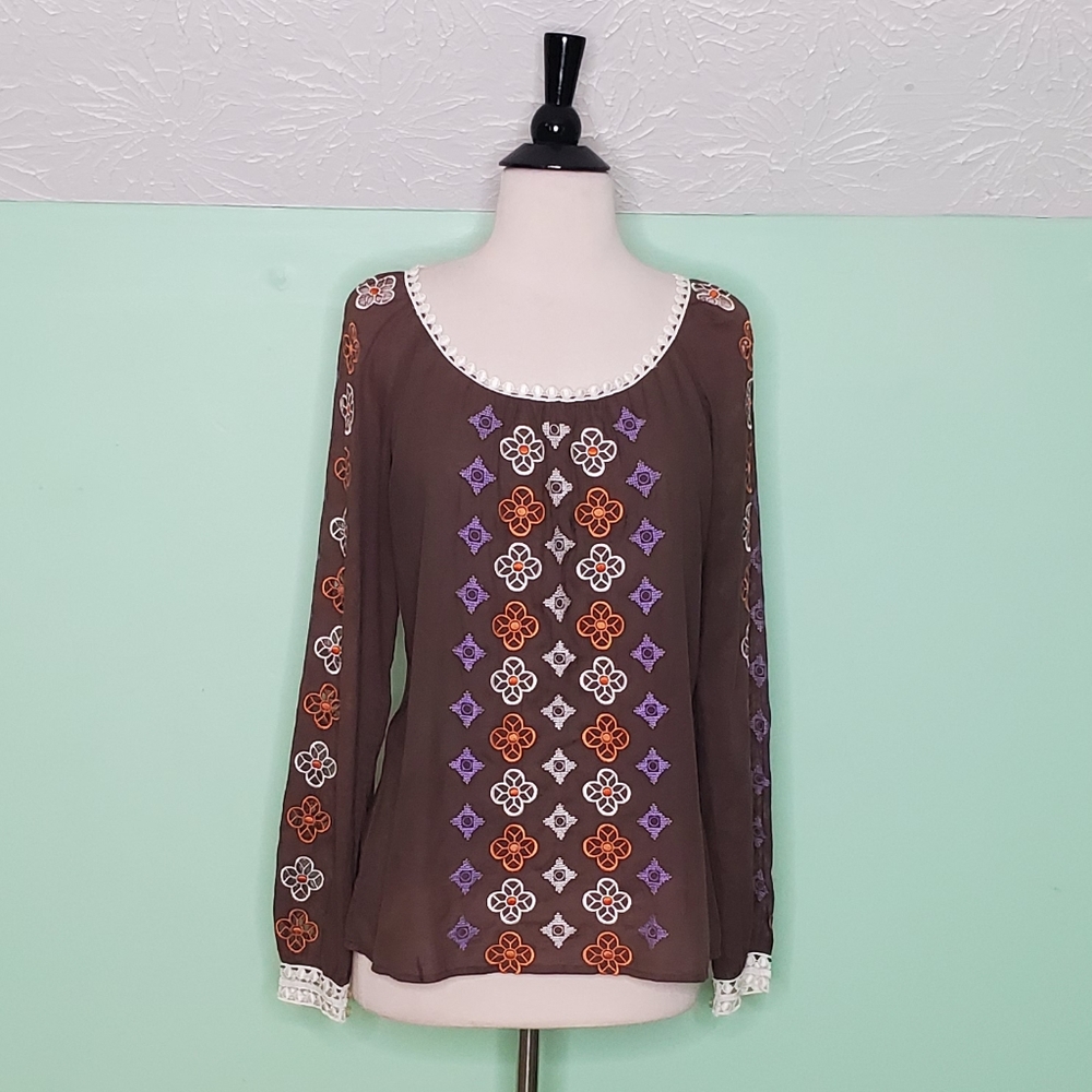 Tory Burch Long Sleeve Embroidered Peasant Top - Picture 1 of 8